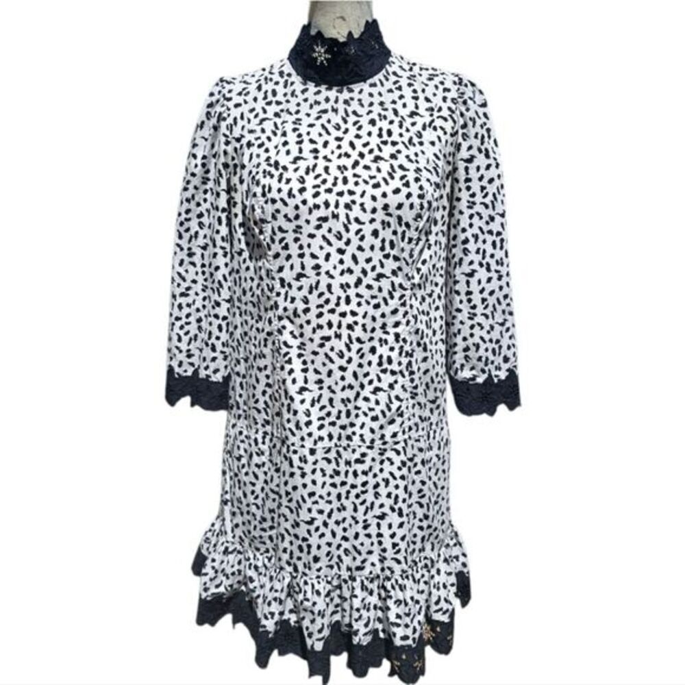Rebecca Taylor La Voe Jaguar Print Dress in Sand White Black Eyelet Size Small - Picture 3 of 15